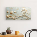 Leinwand - Stärke 4cm | Meerespoesie in Sandfarben - Seepferdchen auf Muschelrelief
