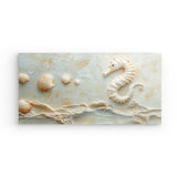 Acrylglas auf Alu-Dibond | Meerespoesie in Sandfarben - Seepferdchen auf Muschelrelief