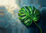 Leinwand (gerahmt) | Grüne Stille - Monstera-Blatt vor ruhigem Farbhintergrund