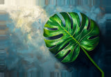 Leinwand (gerahmt) | Grüne Stille - Monstera-Blatt vor ruhigem Farbhintergrund