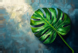 Leinwand (gerahmt) | Grüne Stille - Monstera-Blatt vor ruhigem Farbhintergrund
