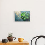 Acrylglas auf Alu-Dibond | Grüne Stille - Monstera-Blatt vor ruhigem Farbhintergrund