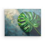 Acrylglas auf Alu-Dibond | Grüne Stille - Monstera-Blatt vor ruhigem Farbhintergrund