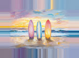 Leinwand - Stärke 4cm | Sunset Lineup – Surfboards am Strand bei Sonnenuntergang im Pastell-Look