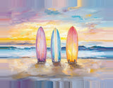 Leinwand (gerahmt) | Sunset Lineup – Surfboards am Strand bei Sonnenuntergang im Pastell-Look