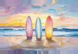 Leinwand (gerahmt) | Sunset Lineup – Surfboards am Strand bei Sonnenuntergang im Pastell-Look