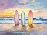 Leinwand (gerahmt) | Sunset Lineup – Surfboards am Strand bei Sonnenuntergang im Pastell-Look