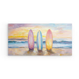 Photoboard / Hartschaum | Sunset Lineup – Surfboards am Strand bei Sonnenuntergang im Pastell-Look