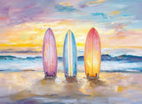 Photoboard (gerahmt) | Sunset Lineup – Surfboards am Strand bei Sonnenuntergang im Pastell-Look