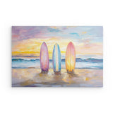 Alu Dibond (matt) | Sunset Lineup – Surfboards am Strand bei Sonnenuntergang im Pastell-Look