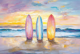 Acrylglas | Sunset Lineup – Surfboards am Strand bei Sonnenuntergang im Pastell-Look
