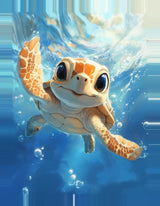 Leinwand (gerahmt) | Flossen voraus! - Niedliche Baby-Schildkröte im türkisblauen Meer (hoch)