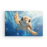 Leinwand - Stärke 2cm | Flossen voraus! - Niedliche Baby-Schildkröte im türkisblauen Meer (quer)