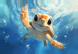 Leinwand (gerahmt) | Flossen voraus! - Niedliche Baby-Schildkröte im türkisblauen Meer (quer)