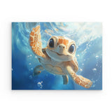 Acrylglas | Flossen voraus! - Niedliche Baby-Schildkröte im türkisblauen Meer (quer)