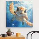 Acrylglas | Flossen voraus! - Niedliche Baby-Schildkröte im türkisblauen Meer (quer)