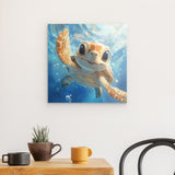 Acrylglas | Flossen voraus! - Niedliche Baby-Schildkröte im türkisblauen Meer (quer)