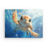 Acrylglas auf Alu-Dibond | Flossen voraus! - Niedliche Baby-Schildkröte im türkisblauen Meer (quer)
