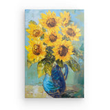 Leinwand - Stärke 4cm | Sommerblüten in Gelb - Ausdrucksstarke Sonnenblumen in Keramikvase