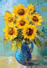 Leinwand (gerahmt) | Sommerblüten in Gelb - Ausdrucksstarke Sonnenblumen in Keramikvase