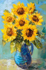 Alu Dibond (glänzend) | Sommerblüten in Gelb - Ausdrucksstarke Sonnenblumen in Keramikvase