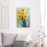 Acrylglas auf Alu-Dibond | Sommerblüten in Gelb - Ausdrucksstarke Sonnenblumen in Keramikvase