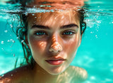 Photoboard (gerahmt) | Schweben im Licht - Porträt einer jungen Frau im türkisblauen Meer