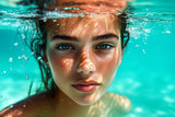 Alu Dibond (glänzend) | Schweben im Licht - Porträt einer jungen Frau im türkisblauen Meer