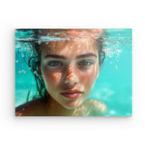 Acrylglas auf Alu-Dibond | Schweben im Licht - Porträt einer jungen Frau im türkisblauen Meer