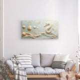 Leinwand - Stärke 4cm | Meerespoesie in Sandfarben - Seepferdchen auf Muschelrelief