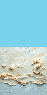 Plüschkissen (Himmelblau) | Meerespoesie in Sandfarben - Seepferdchen auf Muschelrelief
