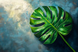Poster ab 15 EUR | Grüne Stille - Monstera-Blatt vor ruhigem Farbhintergrund