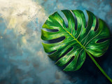 Poster ab 15 EUR | Grüne Stille - Monstera-Blatt vor ruhigem Farbhintergrund