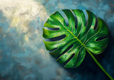 Poster ab 15 EUR | Grüne Stille - Monstera-Blatt vor ruhigem Farbhintergrund