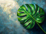 Poster (gerahmt) | Grüne Stille - Monstera-Blatt vor ruhigem Farbhintergrund