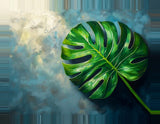 Leinwand (gerahmt) | Grüne Stille - Monstera-Blatt vor ruhigem Farbhintergrund