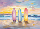 Poster ab 15 EUR | Sunset Lineup – Surfboards am Strand bei Sonnenuntergang im Pastell-Look