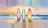 Leinwand - Stärke 4cm | Sunset Lineup – Surfboards am Strand bei Sonnenuntergang im Pastell-Look