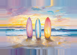 Leinwand (gerahmt) | Sunset Lineup – Surfboards am Strand bei Sonnenuntergang im Pastell-Look