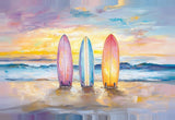Leinwand (gerahmt) | Sunset Lineup – Surfboards am Strand bei Sonnenuntergang im Pastell-Look