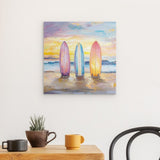 Alu Dibond (matt) | Sunset Lineup – Surfboards am Strand bei Sonnenuntergang im Pastell-Look