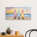 Alu Dibond (matt) | Sunset Lineup – Surfboards am Strand bei Sonnenuntergang im Pastell-Look