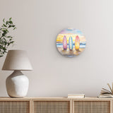 Rundes Wandbild | Sunset Lineup – Surfboards am Strand bei Sonnenuntergang im Pastell-Look