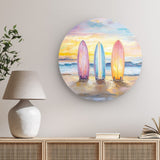 Rundes Wandbild | Sunset Lineup – Surfboards am Strand bei Sonnenuntergang im Pastell-Look