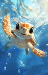 Poster (gerahmt) | Flossen voraus! - Niedliche Baby-Schildkröte im türkisblauen Meer (hoch)