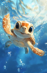Poster (gerahmt) | Flossen voraus! - Niedliche Baby-Schildkröte im türkisblauen Meer (hoch)