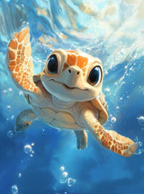 Poster (gerahmt) | Flossen voraus! - Niedliche Baby-Schildkröte im türkisblauen Meer (hoch)