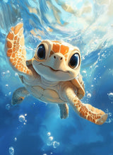 Poster (gerahmt) | Flossen voraus! - Niedliche Baby-Schildkröte im türkisblauen Meer (hoch)