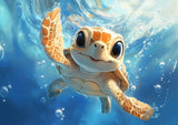 Poster ab 15 EUR | Flossen voraus! - Niedliche Baby-Schildkröte im türkisblauen Meer (quer)