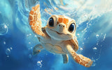 Poster (gerahmt) | Flossen voraus! - Niedliche Baby-Schildkröte im türkisblauen Meer (quer)